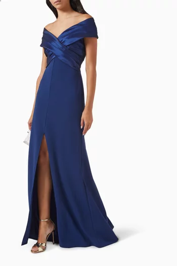 Benz Off-shoulder Slit Gown in Crepe