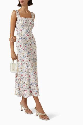 Ascella Floral-print Midi Dress in Satin Crepe