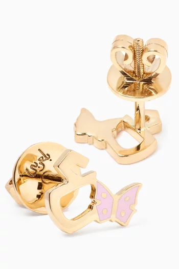 Arabic Letter 'Ein' Butterfly Charm Stud Earrings in 18kt Yellow Gold
