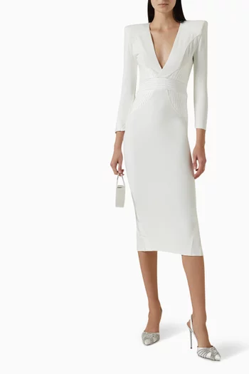 THE SECRET DRESS- JERSEY MID LENGTH DRESS WITH SATIN STITCHED WAIST AND SIDE PANELS & SHOULDER ACCENTS:White    :12|217412098