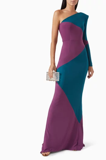 AHEAD OF THE GAME GOWN- FULLY LINED ONE SLEEVE JERSEY GOWN WITH CONTRAST PANELS & SHOULDER ACCENTS:MULTI:2|217411930