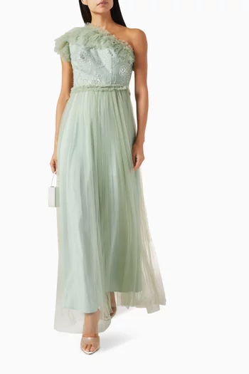 One-shoulder Embellished Maxi Dress in Lace & Tulle