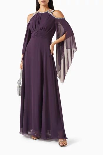 Embellished Cold-shoulder Maxi Dress in Chiffon
