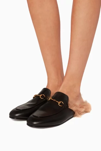 Black Leather & Lamb-Lined Princetown Loafers