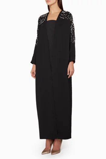 Black Pearl & Sequin Embellished Crepe Abaya