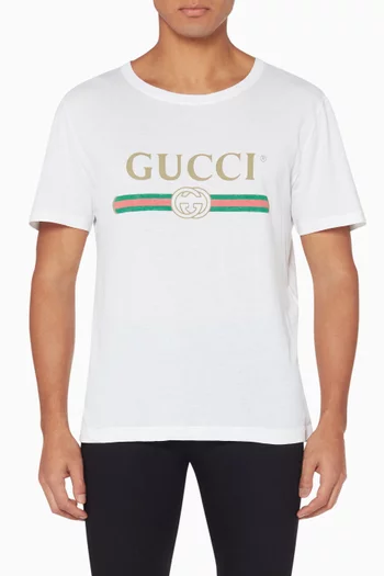 White Gucci Logo Washed-Cotton T-Shirt       