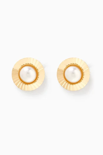 Reeded Edge Pearl Stud Earrings in 18kt Yellow Gold     