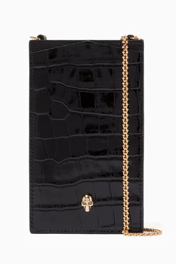 Skull Phone Case on Chain in in Shiny Croc Embossed Leather      