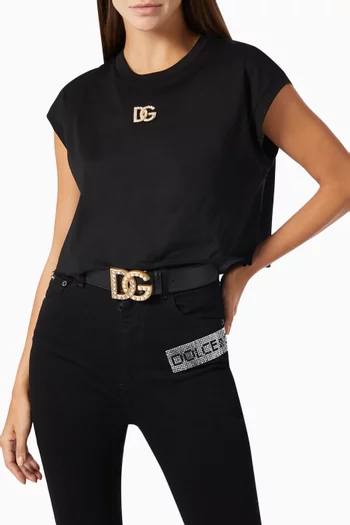 Belt with Rhinestone & Pearl Millenial DG Logo in Leather, 40mm    