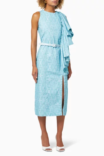 Edelira Drape Ruffle Dress with Belt in Cotton  