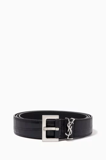 Monogram Belt with Square Buckle in Crocodile-embossed Matte Leather         