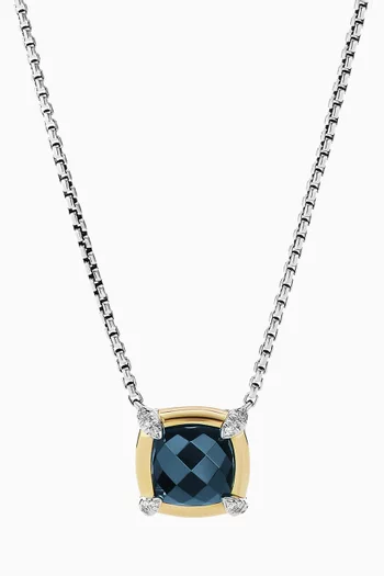 Petite Châtelaine® Hampton Blue Topaz & Pavé Diamonds Pendant Necklace with 18kt Yellow Gold Bezel in Sterling Silver 