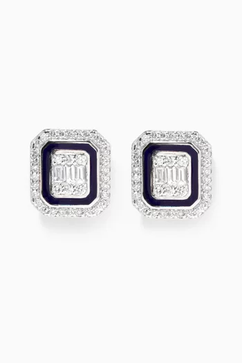 Mystery Set Enamel Framed Stud Diamond Earrings in 14kt White Gold 
