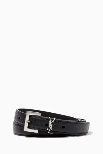 Monogram Narrow Belt with Square Buckle in Grained  Leather                