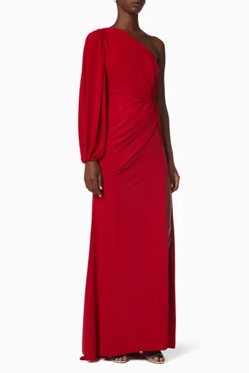 One Shoulder Puff Sleeve Faux Wrap Gown  