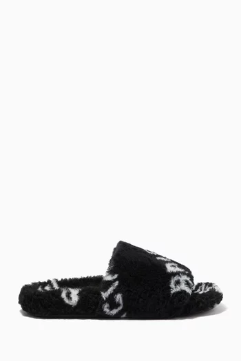 Logo Furry Slide Sandals in Faux Shearling   