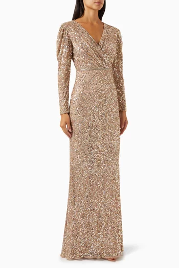 Embellished Puff-sleeve Gown in Mesh