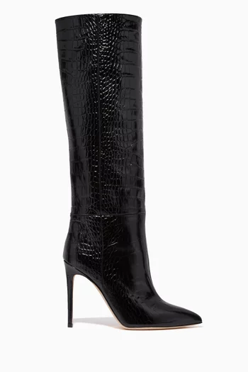 Knee-high Boots in Croc-embossed Leather
