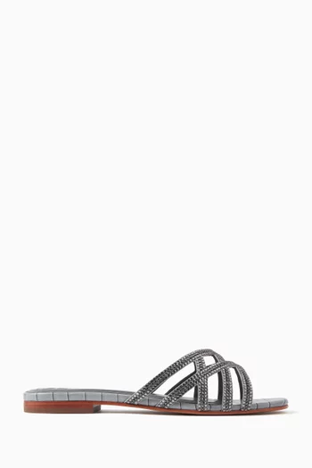 Zuri Crystal Flat Sandals in Croc-embossed Leather