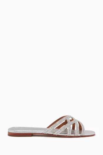 Zuri Crystal Flat Sandals in Croc-embossed Leather