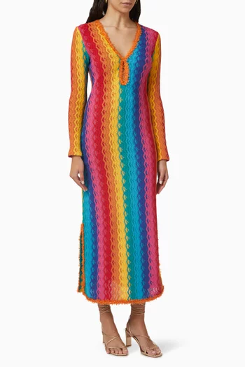 فستان سولي متوسط الطول نسيج بخطوط شيفرون متعرجة