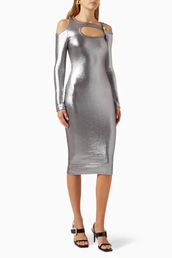 Buckled Midi Dress in Metallic Ribbed-cotton