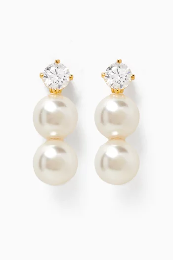 Crystal & Double Pearl Drop Earrings in Gold-plated Brass