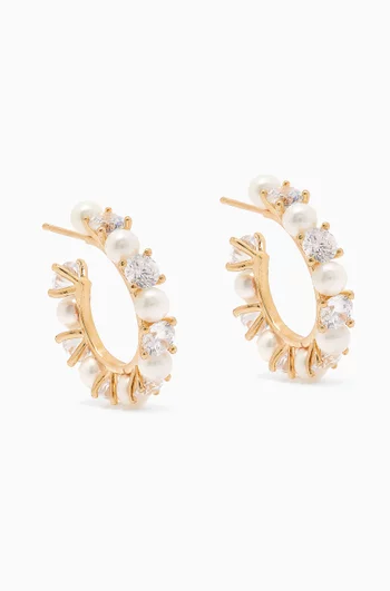 CZ & Pearl Hoop Earrings in Gold-plated Brass