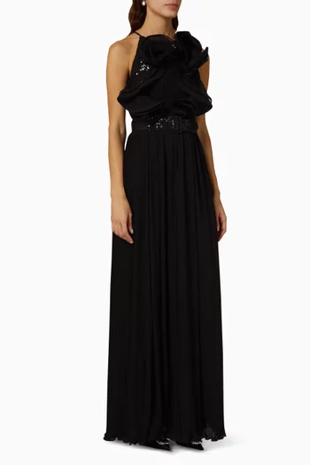 Pleated Evening Gown in Georgette & Sequins