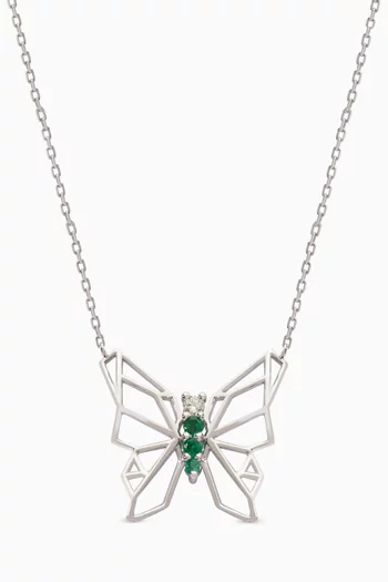 Butterflies Diamond & Emerald Necklace in 18kt White Gold