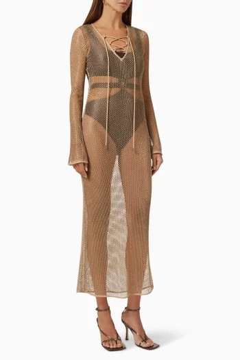 فستان تيت طويل للارتداء فوق ملابس السباحة قماش شبكي مطرز بكريستال