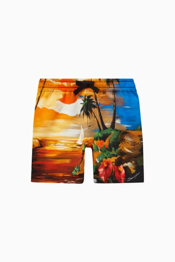 Hawaiian Print Jersey Shorts in Cotton