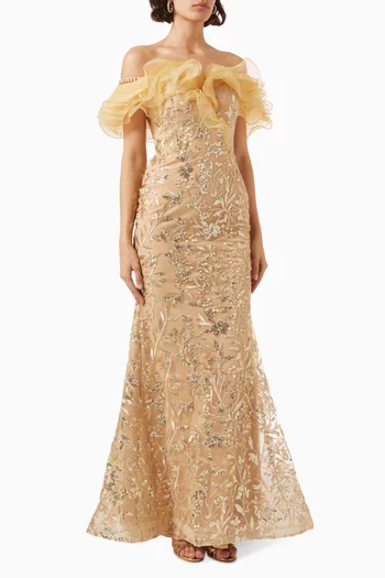 Sequin-embellished Ruffled Gown