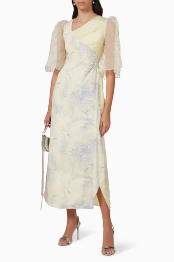 Abstract-print Midi Dress in Crepe & Organza