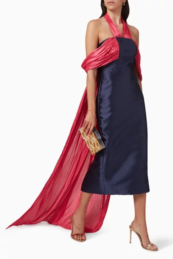 Draped Halterneck Midi Dress in Mikado-satin & Organza