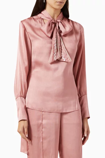 Embellished Bow-tie Top in Satin Crepe