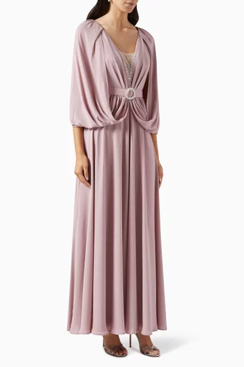 Embellished Belted Maxi Dress in Crepe