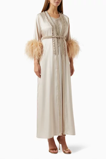 Feather-trimmed Embroidered Moroccan Kaftan Set