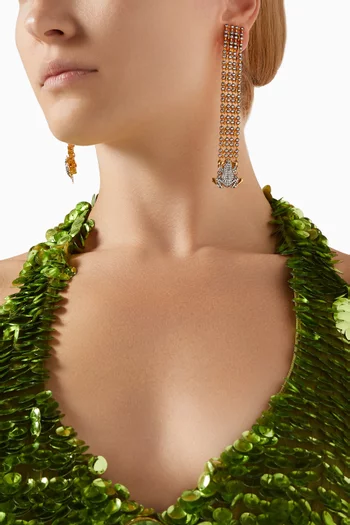 Frog & Scarab Crystal Drop Clip Earrings in 24kt Gold-plated Bronze