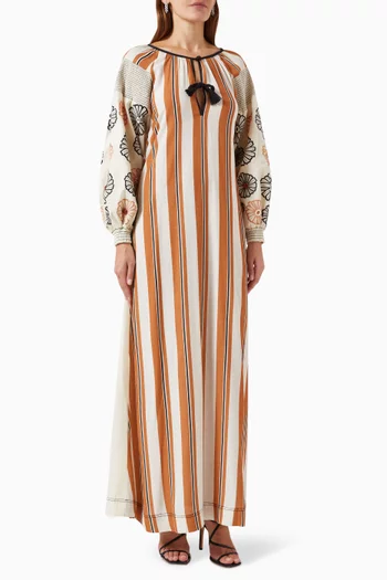 Floral-embroidered Striped Kaftan in Cotton