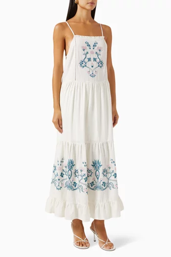Canela Floral Embroidered Maxi Dress in Linen-blend