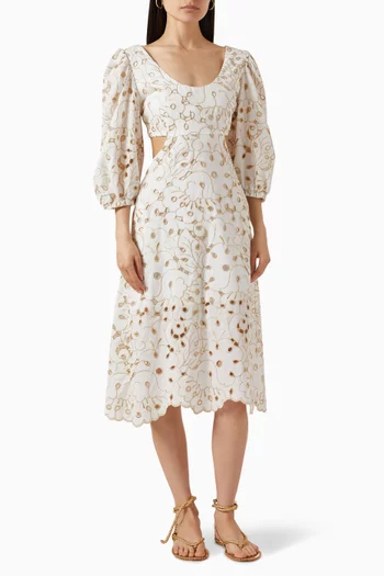 Merida Embroidered Midi Dress in Cotton-blend