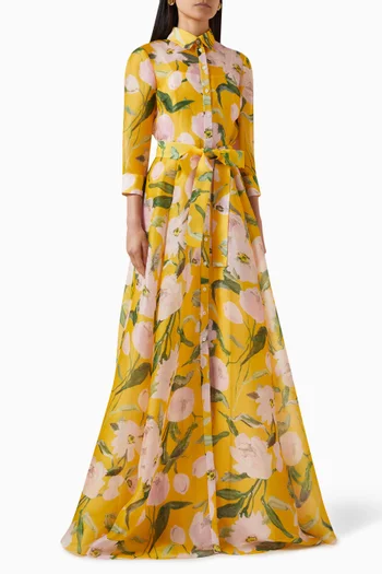 Peony-print Trench Gown in Silk-organza