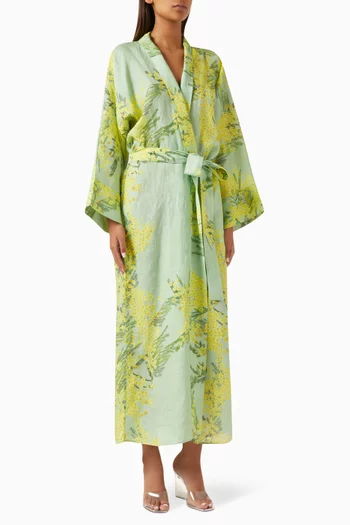 Peignoir Printed Midi Wrap Dress in Linen