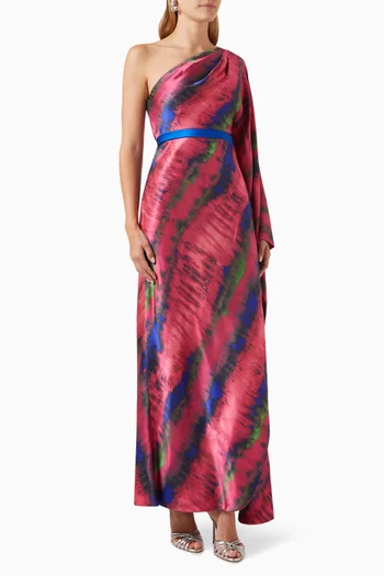 One-shoulder Tie-dye Draped Maxi Dress in Silk-satin