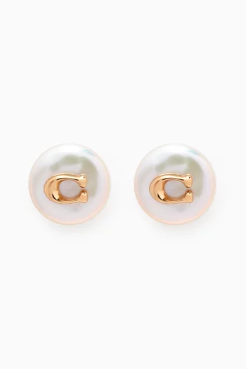 Signature Coin Pearl Stud Earrings in Metal