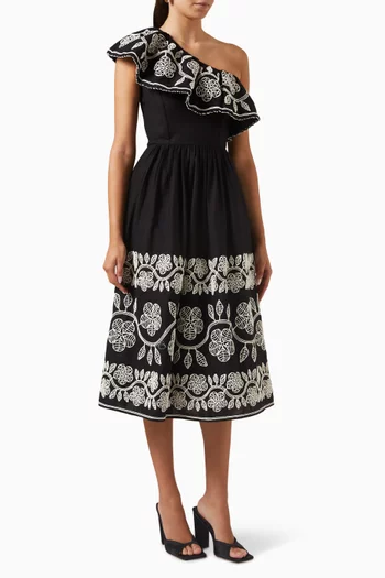 Beck One-shoulder Midi Dress in cotton & linen-blend