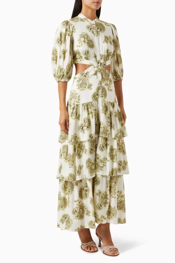 Clara Floral-print Midi Dress in Linen-blend