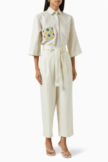 Embroidered Shirt & Pants Set in Linen
