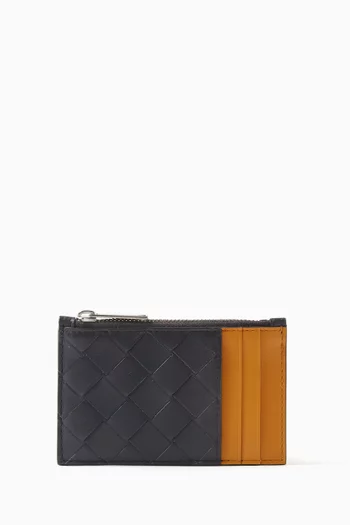 Zipped Card Case in Intrecciato Leather